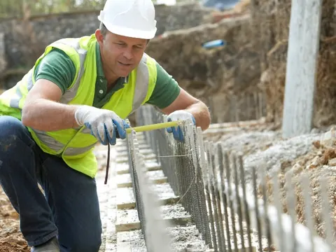 Albañil midiendo el replanteo de una cimentación con armaduras de acero