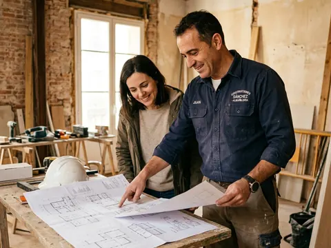 Albañil revisando con una clienta el plano de una pequeña obra en casa