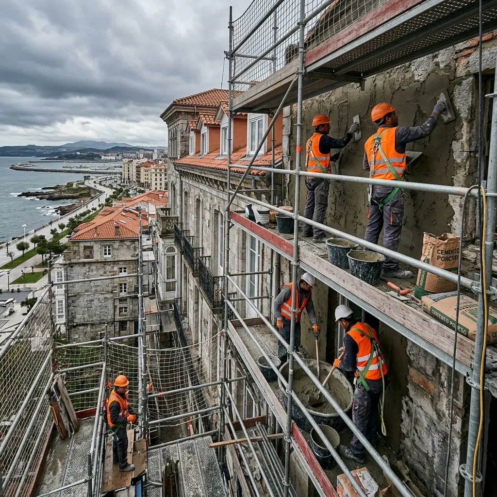 Equipo de albañiles trabajando en una reforma en Santander