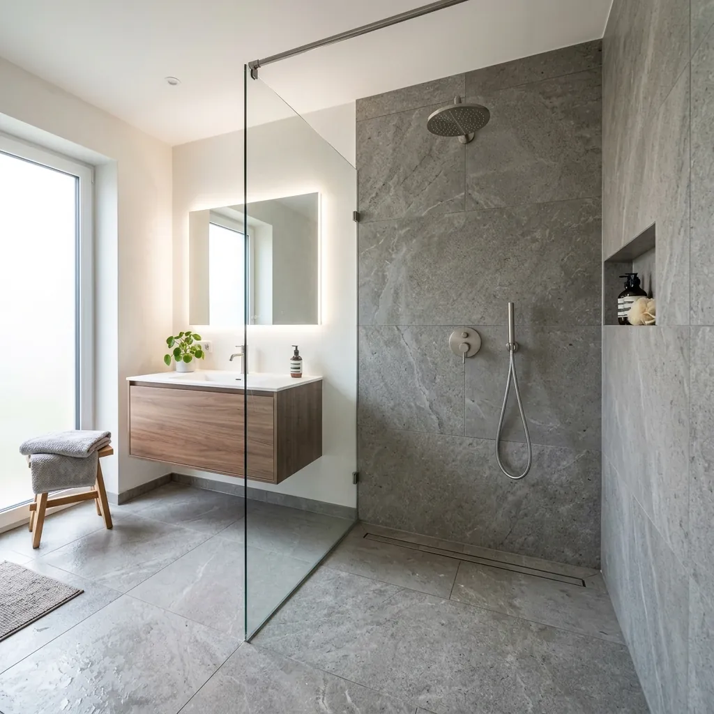 Reforma de baño con ducha a ras de suelo y mampara en vivienda de Cueto